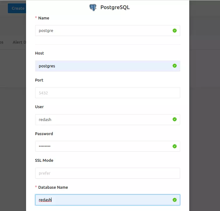 redashのデータソース詳細入力画面