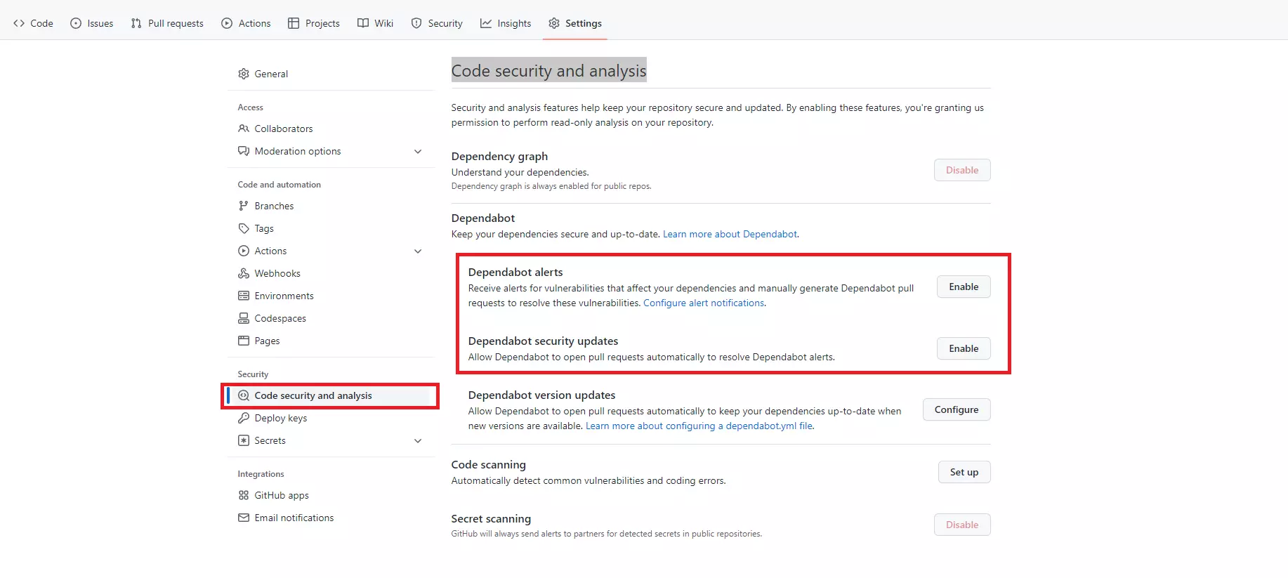 Dependabotの設定画面